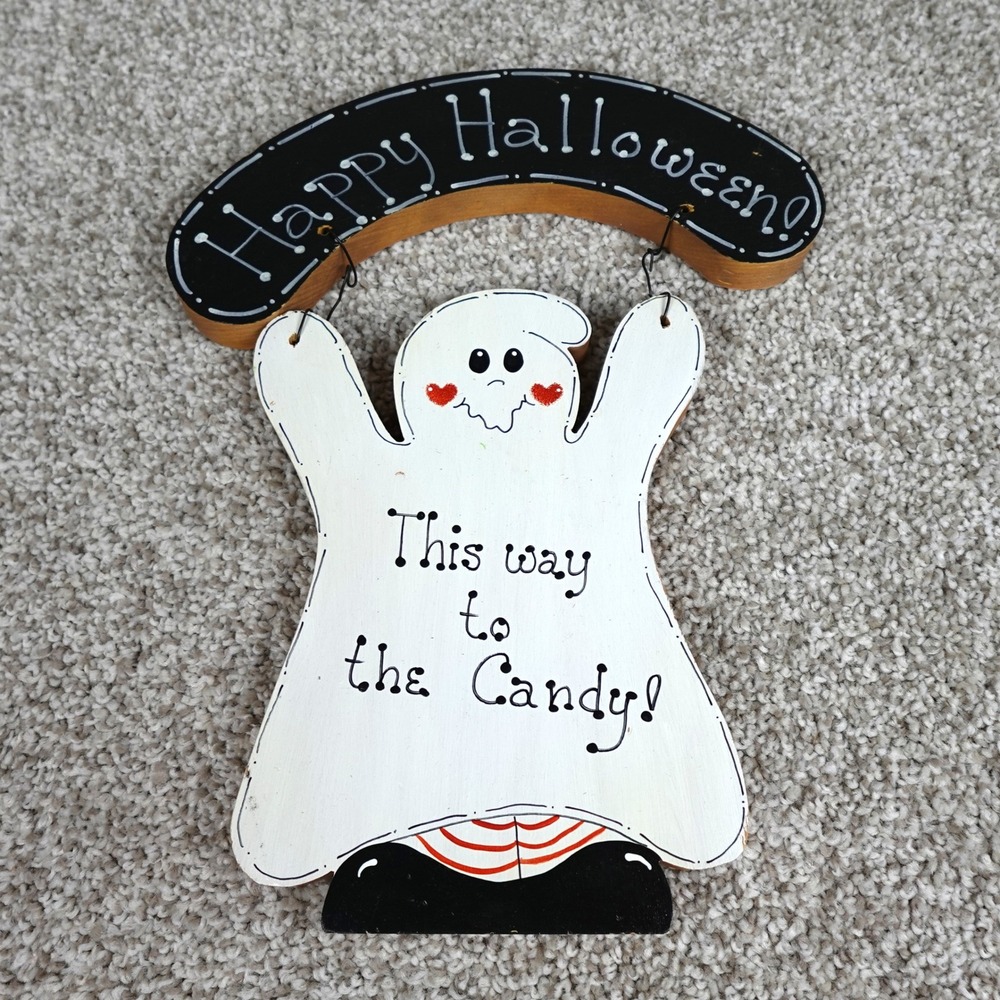 Hand Painted Wooden Ghost Halloween Wall Hanging Sign This Way To The Candy